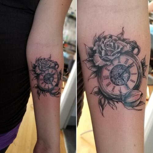Tattoos by Tymm Cre8tions - black and grey pocket watch and rose tattoo