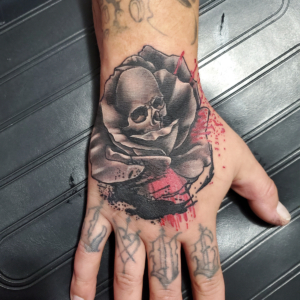 Tattoos by Tymm Cre8tions - skull and rose hand tattoo